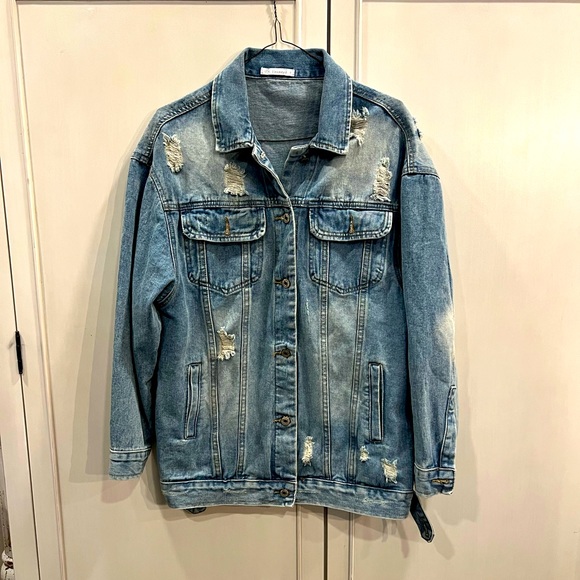 Jackets & Blazers - Denim distressed jacket. With cute transfer on back. Like new. Size Small